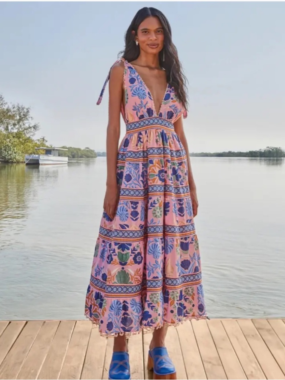 Farm Rio Seashell Tapestry Sleeveless Pink Floral Tie-Shoulder Maxi Dress